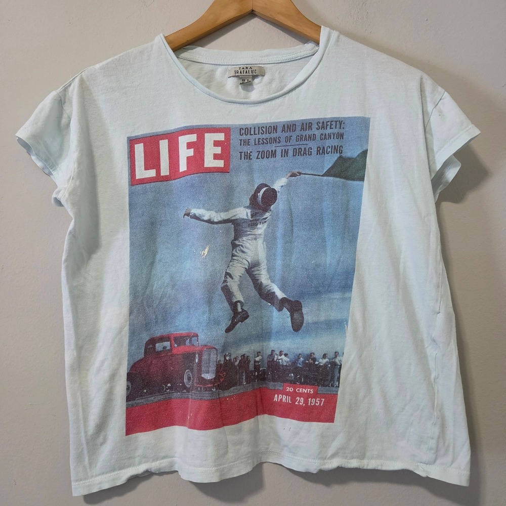 Zara Trafaluc LIFE Magazine Graphic Tee Light Blue Vintage Drag Race Small